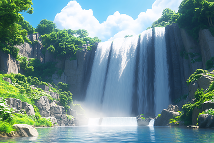 Majestic Waterfall in Lush Greenery