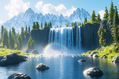 Majestic Waterfall Landscape With Rainbow