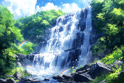 Majestic Waterfall With Rainbow