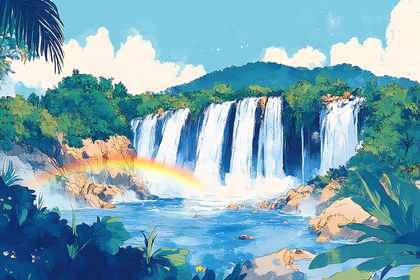 Majestic Waterfall With Rainbow
