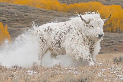 Majestic White Bison Galloping Through Autumnal Field