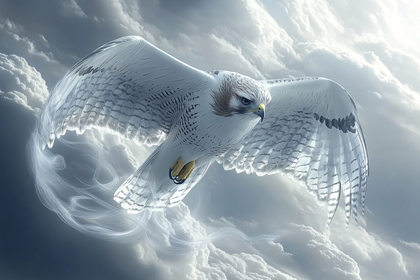 Majestic White Hawk Soaring Through Clouds