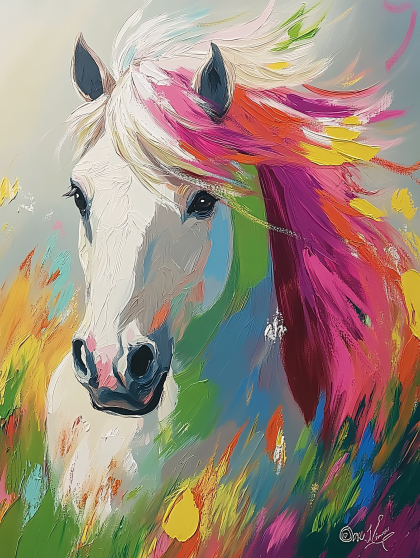 Majestic White Horse with Colorful Mane