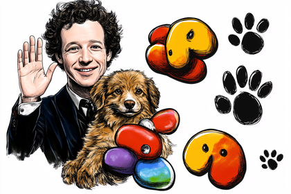 Man and Dog with Colorful Shapes and Paw Prints