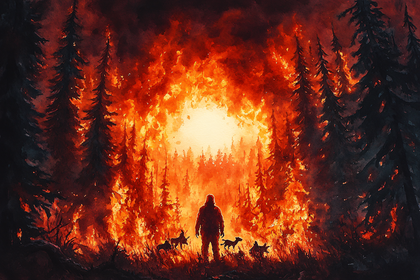 Man and Dogs in Forest Fire