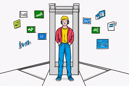 Man at Security Checkpoint with Data Icons