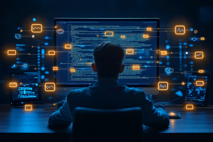 Man Coding in Dark Room