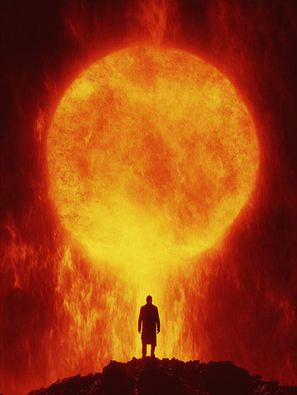 Man Confronting Fiery Sun