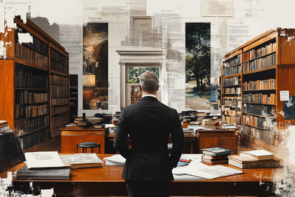 Man Contemplating Knowledge In Library