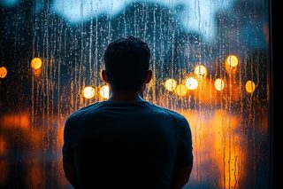 Man Contemplating Rain Through Window