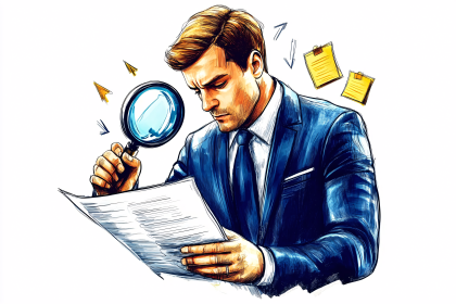 Man Examining Document with Magnifying Glass