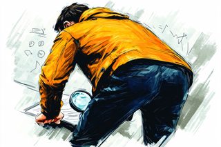 Man Examining Document with Magnifying Glass