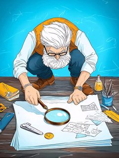 Man Examining Documents With Magnifying Glass