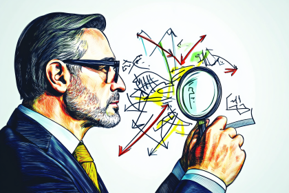 Man Examining Stock Data with Magnifying Glass