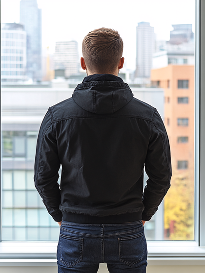 Man Gazing At Cityscape From Window