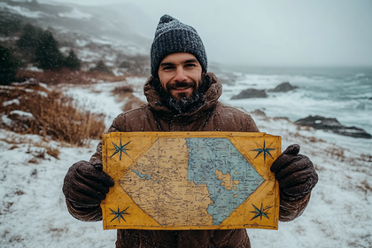 Man Holding a Vintage Map in Snowy Landscape