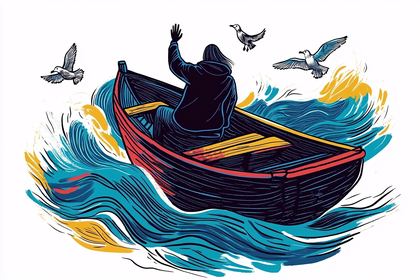 Man in a Boat Sailing on the Ocean