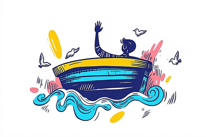 Man in a Boat Waving with Birds