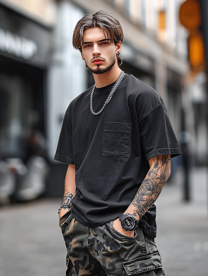 Man In Black T-shirt And Camo Pants