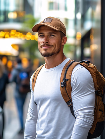 Man In Cap And Backpack Smiling Outdoors