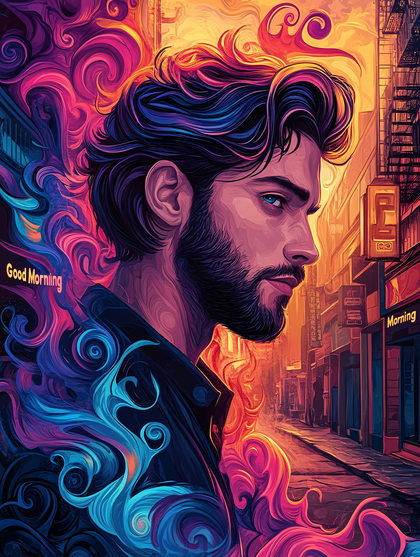 Man In Cityscape With Swirling Colors