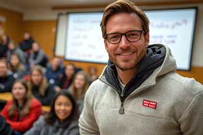 Man in Classroom Smiling at Camera