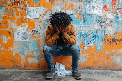 Man in Despair Against Graffiti Wall