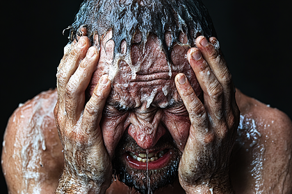 Man In Distress With Water And Soap On Face