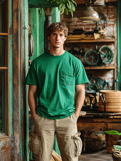 Man In Green T-Shirt Posing In Workshop