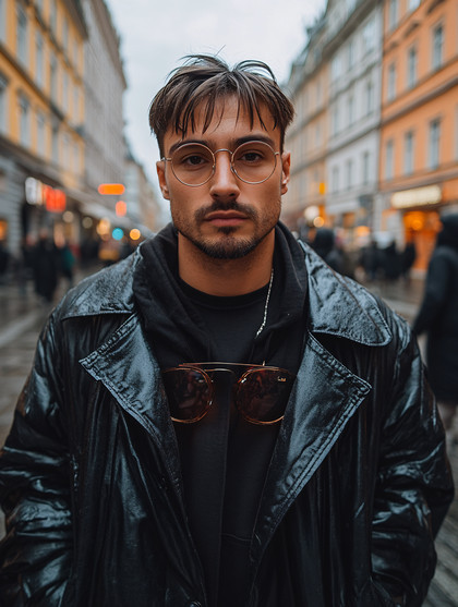 Man In Leather Jacket On City Street