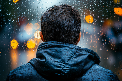Man in Rain Looking Out