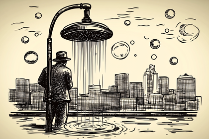 Man in Shower with City Skyline