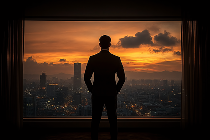 Man In Suit Silhouetted Against City Sunset