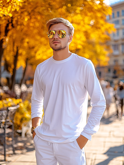 Man In White Shirt And Sunglasses In Autumn Setting