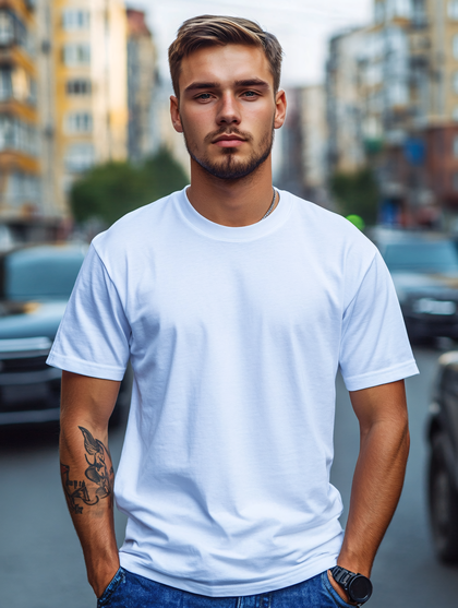 Man In White T-Shirt Standing Outdoors