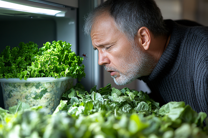 Man Inspecting Salad With Insect in Fridge
