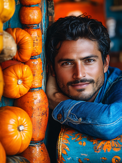 Man Leaning Against Colorful Pumpkin Wall