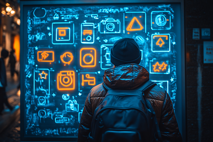 Man Looking At Neon Icons
