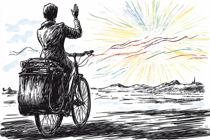 Man on Bicycle Waving to the Horizon