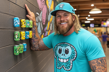 Man Pointing at Cans with Cartoon Monsters