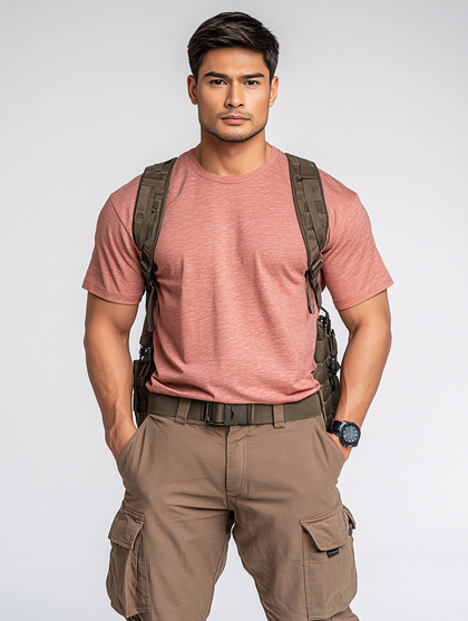 Man Posing with Backpack in Outdoor Clothing