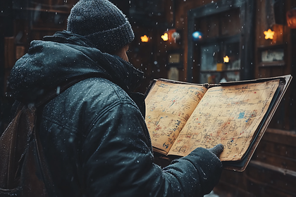 Man Reading Map in Winter