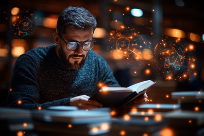 Man Reading Surrounded by Abstract Tech Icons