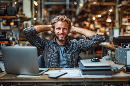 Man Relaxing at Desk with Laptop