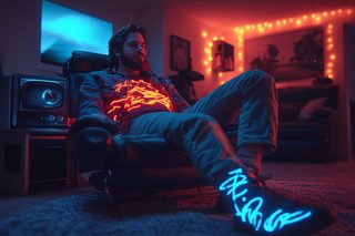 Man Relaxing in Neon-Lit Room