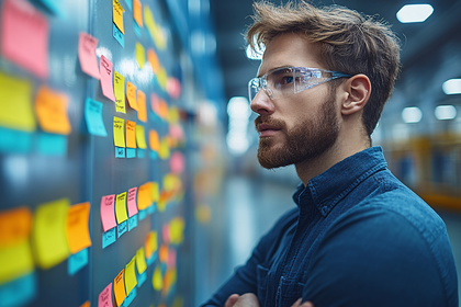 Man Reviewing Sticky Notes On Wall