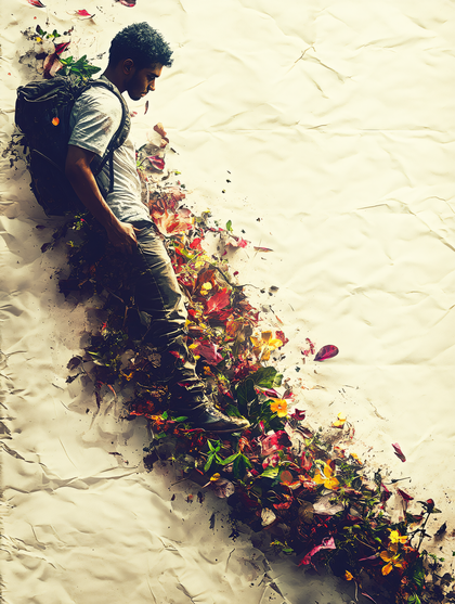 Man Walking on Crumpled Paper with Floral Trail – Digital Art Illustration