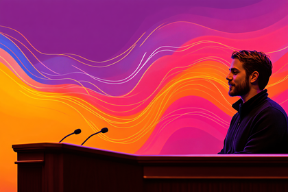 Man Speaking At Podium With Colorful Backdrop