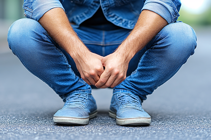 Man Squatting with Clasp Hands