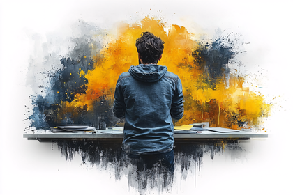 Man Standing at Desk with Abstract Backdrop
